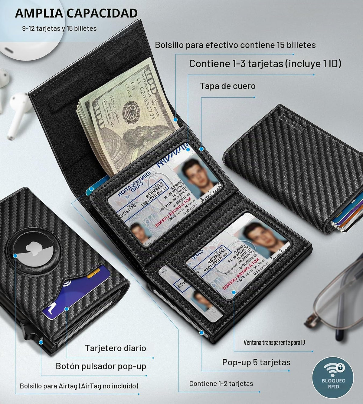 miyozi Billetera para Airtag para hombre, con bolsillo para efectiv...